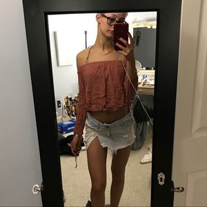 burnt orange off the shoulder long sleeve